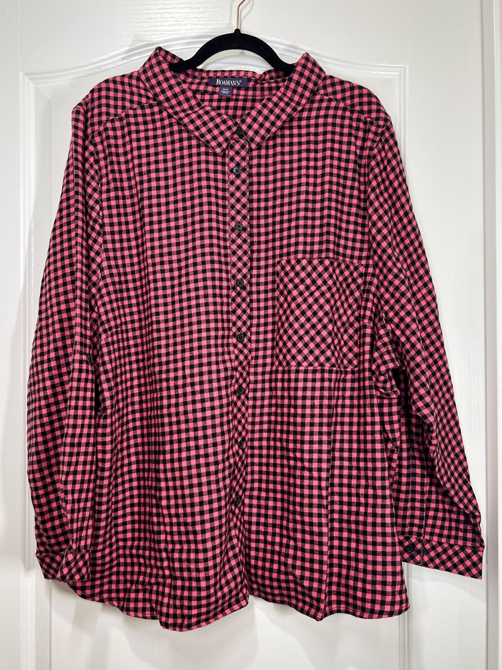 Roaman’s Pink & Black Flannel Gingham Plaid Button Down Long Sleeve Women’s 30W